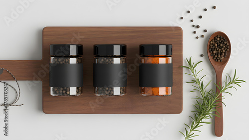 Fototapeta Naklejka Na Ścianę i Meble -  Three clear glass spice jars with black lids and labels on a rustic wooden cutting board with a wooden spoon and rosemary sprig