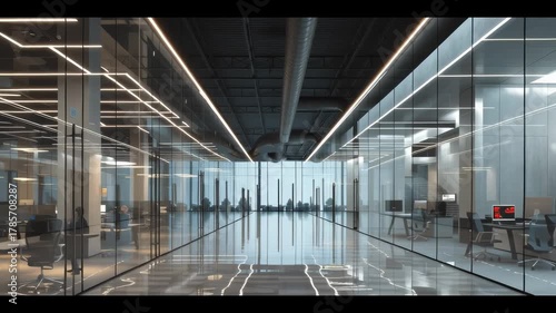 Inside a modern corporate building with glass walls, hanging LED lights, open workspaces and realistic reflections.