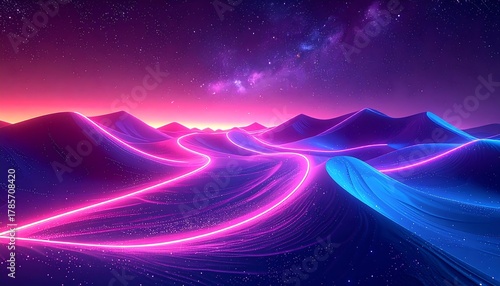 Fototapeta Naklejka Na Ścianę i Meble -  Vivid, stylized sand dunes with neon pink and blue lines under a starry, galactic sky with pink and purple hues