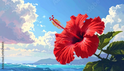 Vibrant red hibiscus flower against a bright blue sky, ocean, and island backdrop, painted in a painterly style