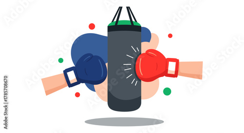 An illustration captures a boxing training session, with hands wearing gloves striking a heavy bag against a colorful background, representing fitness and exercise.