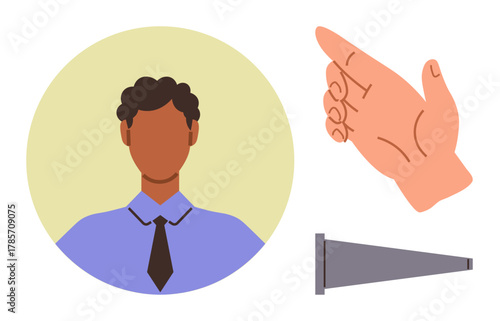 Professional figure with a tie, pointing hand gesture, and megaphone. Ideal for leadership, speech, guidance, announcement, teamwork persuasion motivation. Simple flat metaphor