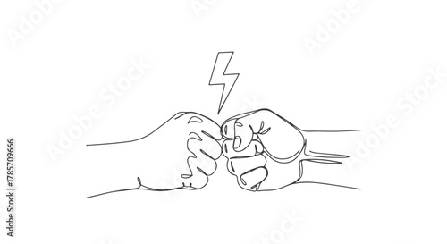 Dynamic one continuous line drawing of two human fists making contact, with a striking lightning bolt above, symbolizing power, agreement, conflict resolution, or a strong teamwork concept
