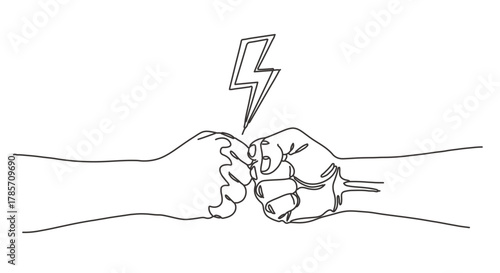 Vector illustration of a powerful fist bump created with a single continuous line, a one line drawing representing teamwork and energy