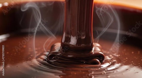 A stream of melted chocolate pouring into a bowl with steam rising from it.