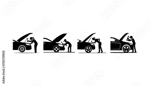 Black silhouette images of people repairing cars with open hoods