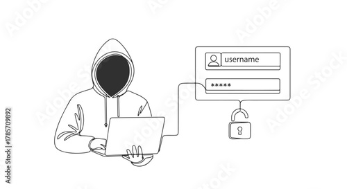 Continuous line drawing of one anonymous hacker using a laptop to steal username and password