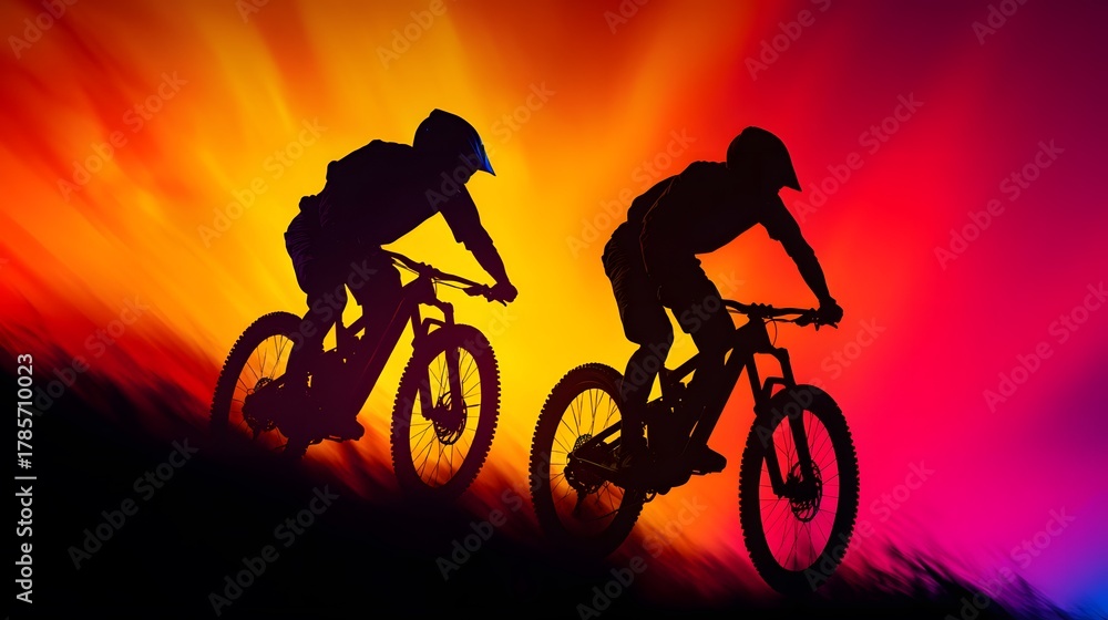 Obraz premium Mountain bikers riding against a vibrant sunset sky in a colorful scene filled with dramatic silhouettes and bold hues