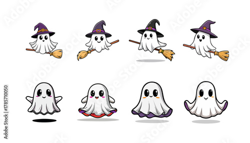 Cartoon ghosts, some flying with hats and brooms, others floating on white background