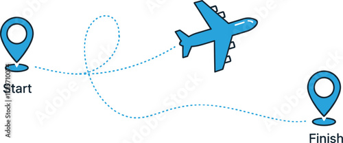 Blue airplane flight path from start to finish with dotted travel route and location pin vector illustration for navigation concept.