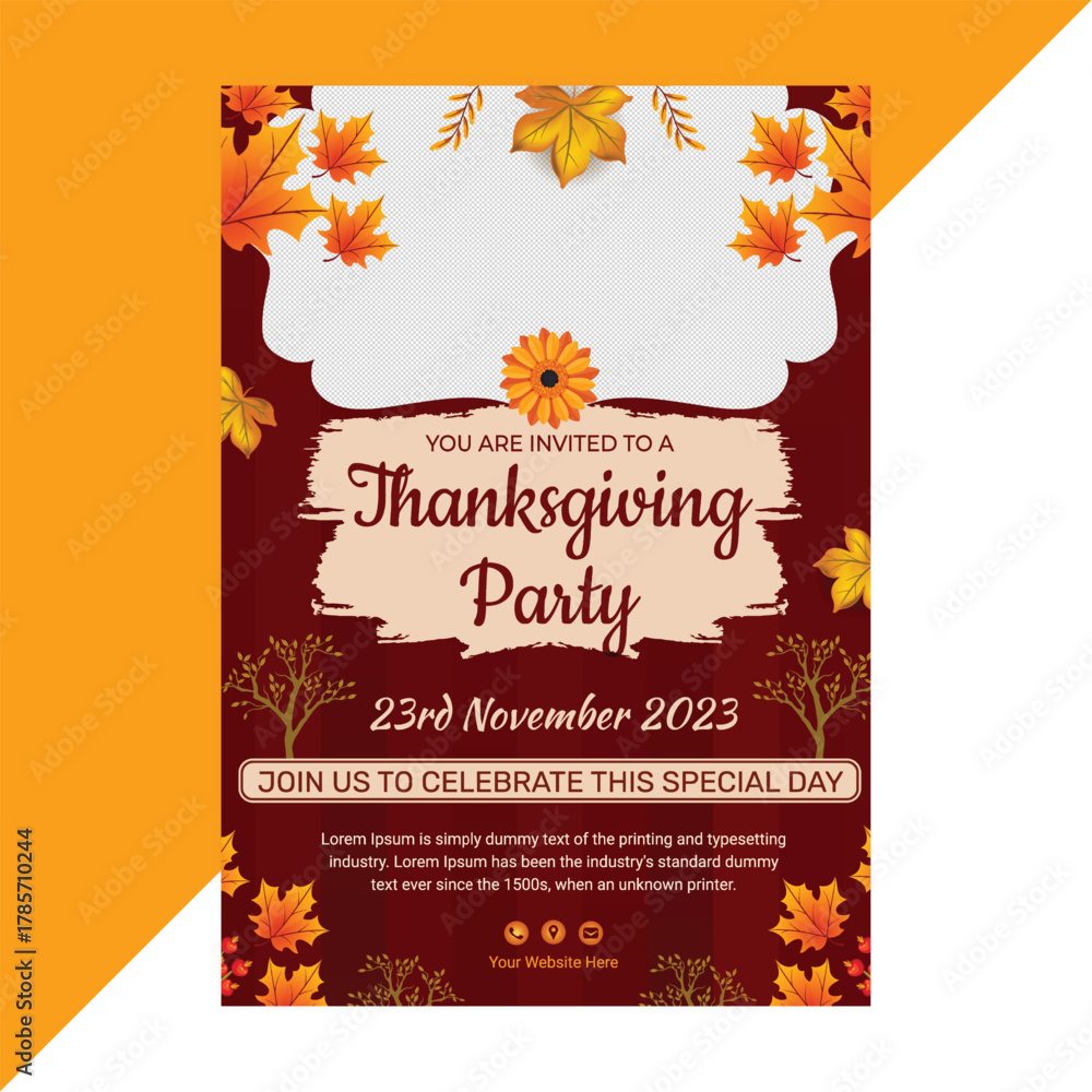 Naklejka premium Elegant Thanksgiving party flyer template with autumn leaves and pumpkin background, perfect for fall event invitations, seasonal celebrations, restaurant promotions, and festive gatherings