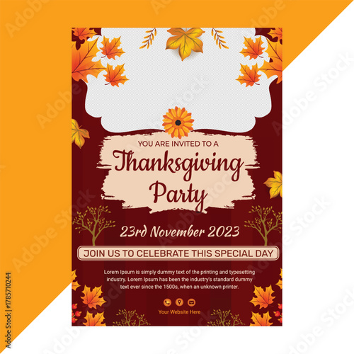 Elegant Thanksgiving party flyer template with autumn leaves and pumpkin background, perfect for fall event invitations, seasonal celebrations, restaurant promotions, and festive gatherings