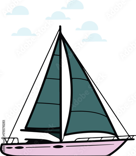 Sailboat vector illustration featuring a pink hull and dark sails with five fluffy clouds floating above it