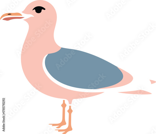 Seagull vector illustration with a light pink body and blue-gray wings standing on a solid background