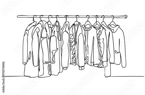 Doodles Wardrobe sketch. Clothes on the hangers. Coats and jackets on hangers