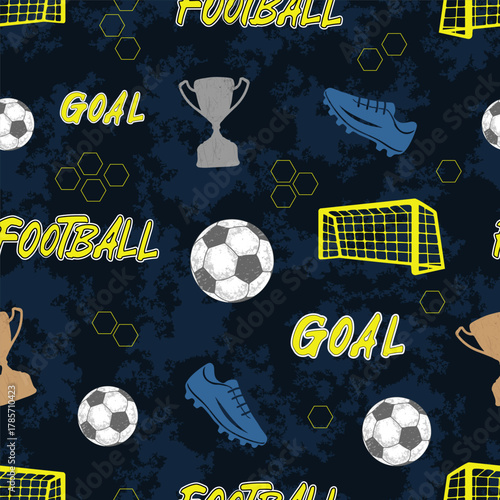 Vector seamless football pattern with soccer balls, trophies, goals, and text elements. Sport background for kids clothing, textile prints, posters, and school accessories
