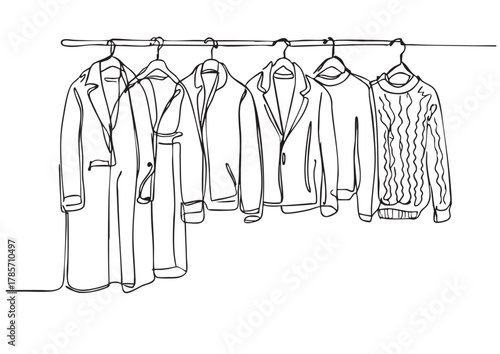 Doodles Wardrobe sketch. Clothes on the hangers. Coats and sweaters on hangers