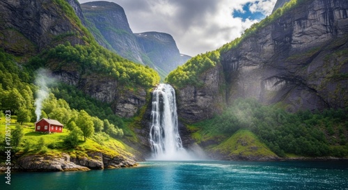 A serene mountain landscape with a red cabin and a waterfall, surrounded by lush greenery and a calm blue lake.