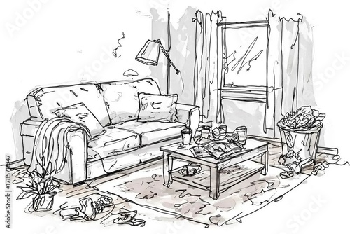line sketch dirty living room