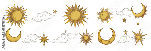 Golden sun and crescent moon celestial icons set with stars clouds mystical astrology spiritual flat minimalist vector illustration isolated on white background