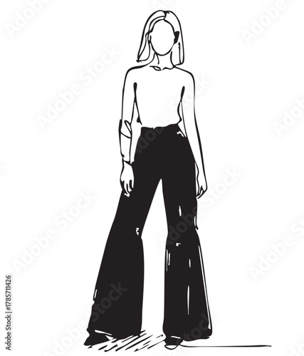 primitive line doodles sketch fashion girl in very wide jeans, pants