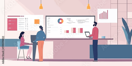 Business team working with data analytics dashboard showing charts and graphs in modern office environment concept vector illustration