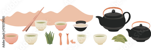 Minimalist flat vector illustration of Asian tea ceremony utensils with teapots, cups, chopsticks, herbs, wooden spoons, and traditional porcelain tableware in soft earthy colors