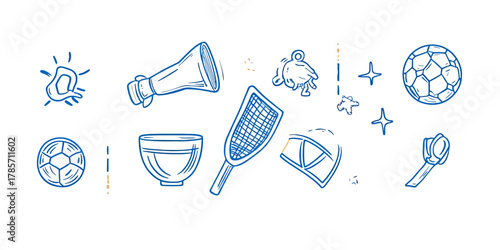 Hand drawn sports equipment doodle sketch including soccer balls, trophy cup, whistle, megaphone, net, glove, and medal in minimalist vector style illustration