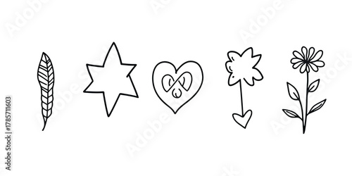 Hand drawn black line art icons set with feather, star, heart, sketched flower with heart stem, and daisy flower vector doodle decoration elements for design