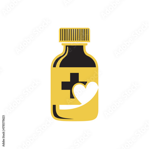 A yellow bottle with a black cap and a label featuring a white cross and heart symbol.