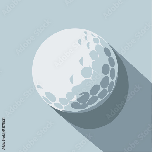 Close up of white golf ball casting long shadow on light blue background minimalist flat vector illustration with dimples texture for sport leisure and outdoor game equipment concept