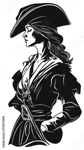 Elegant woman pirate profile black and white engraving style illustration with tricorn hat and traditional seafarer clothing detailed vector art outline