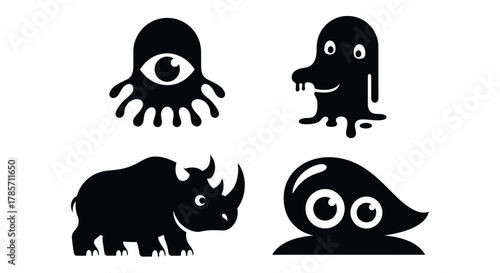 Whimsical creature and rhino silhouettes for playful designs