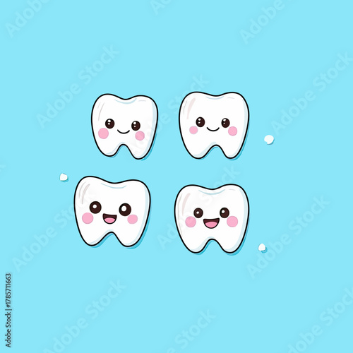 Set of four happy kawaii teeth characters with smiling faces and rosy cheeks on bright blue background dental cartoon vector illustration for children dental care and health promotion