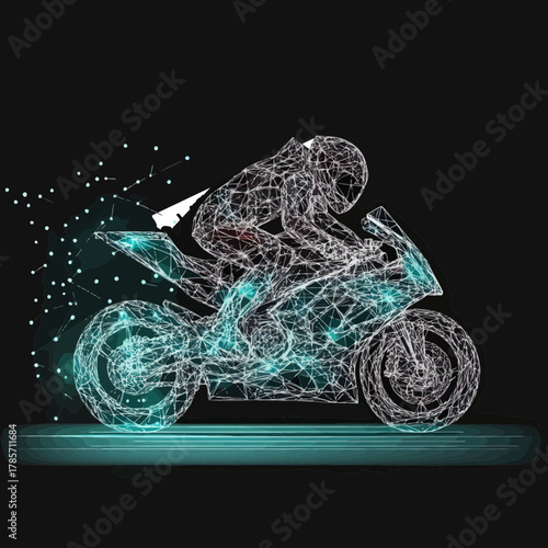 Futuristic polygon wireframe motorcycle racer in dynamic racing position with glowing teal highlights on black background digital illustration