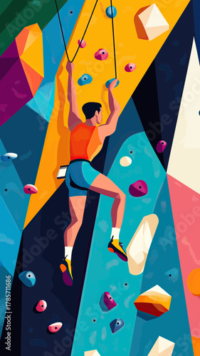 Male athlete climbing colorful indoor rock wall with safety harness on geometric abstract background flat vector illustration