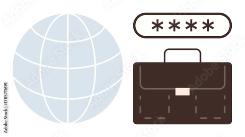 Globe symbolizing global reach, password bar for cybersecurity, and briefcase representing professional work. Ideal for business, security, technology, globalization, networking, digital access