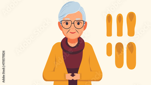Minimalist flat vector illustration of elderly woman with glasses wearing mustard cardigan and maroon turtleneck sweater isolated on light background with slippers set on the side