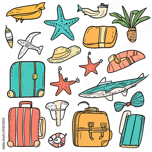Hand drawn colorful travel vacation elements set including luggage suitcases, starfish, airplane, bow tie, hat, tropical plant, tourist map, croissant and life buoy in doodle style vector illustration