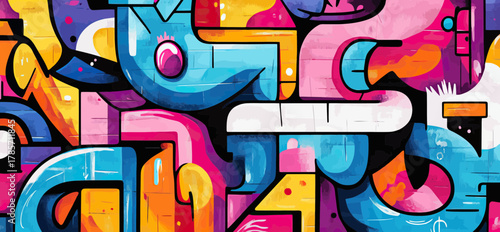 Colorful abstract urban street art graffiti mural with vibrant geometric shapes and bold lines in flat minimalistic vector style illustration artwork