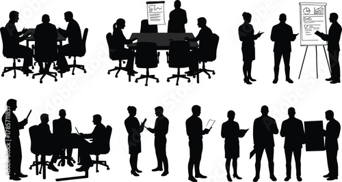 Business meeting and presentation silhouettes set showing teamwork, communication, corporate planning, leadership discussion, and professional collaboration concept vector illustration