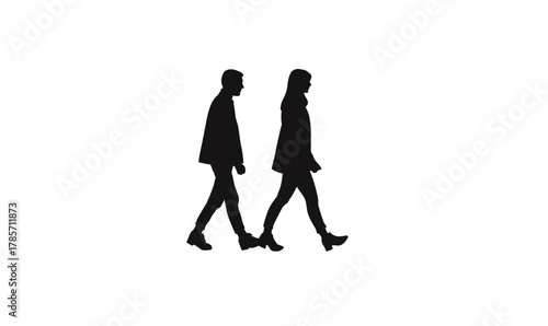 Silhouette of man and woman walking side by side in black minimalist flat vector style isolated on white background