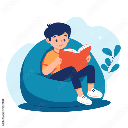Young boy sitting on blue bean bag chair reading red book relaxed home education illustration flat design vector
