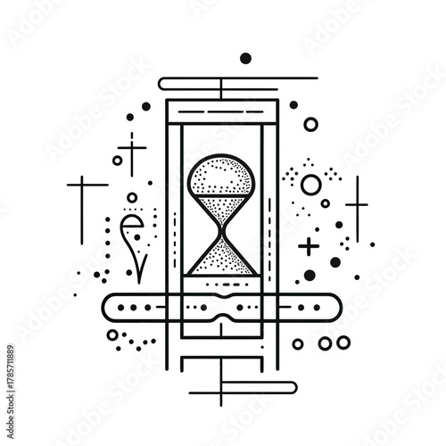 Minimalist black and white geometric hourglass outline with abstract decorative lines and dots forming a modern flat vector design symbolizing time and patience concept