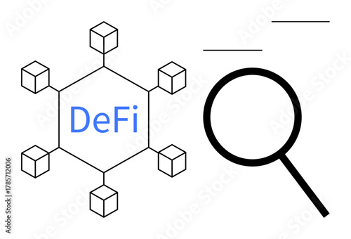 Hexagonal blockchain network with DeFi label and nodes, accompanied by magnifying glass. Ideal for cryptocurrency, blockchain transparency, financial analysis, network security, fintech, research