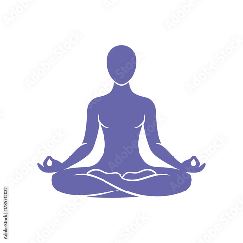 A purple silhouette of a person meditating in a lotus position with hands resting on knees.
