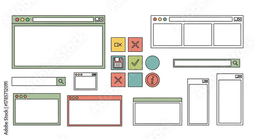 Retro computer interface elements for website design and UI kits