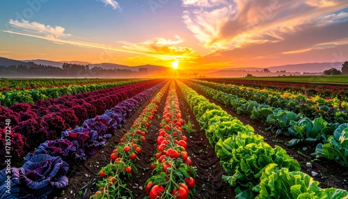 Vibrant rows of crops stretch to a radiant sunrise, showcasing colorful agriculture and a serene rural landscape