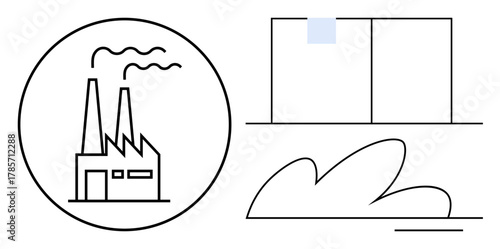 Factory with two smoke stacks emitting smoke, modern building shapes, cloud, and abstract elements. Ideal for industry, manufacturing, urban planning, environment, pollution economy and energy