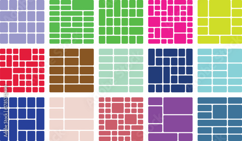 Colorful grid layout templates for photo collages with diverse rectangular shapes.